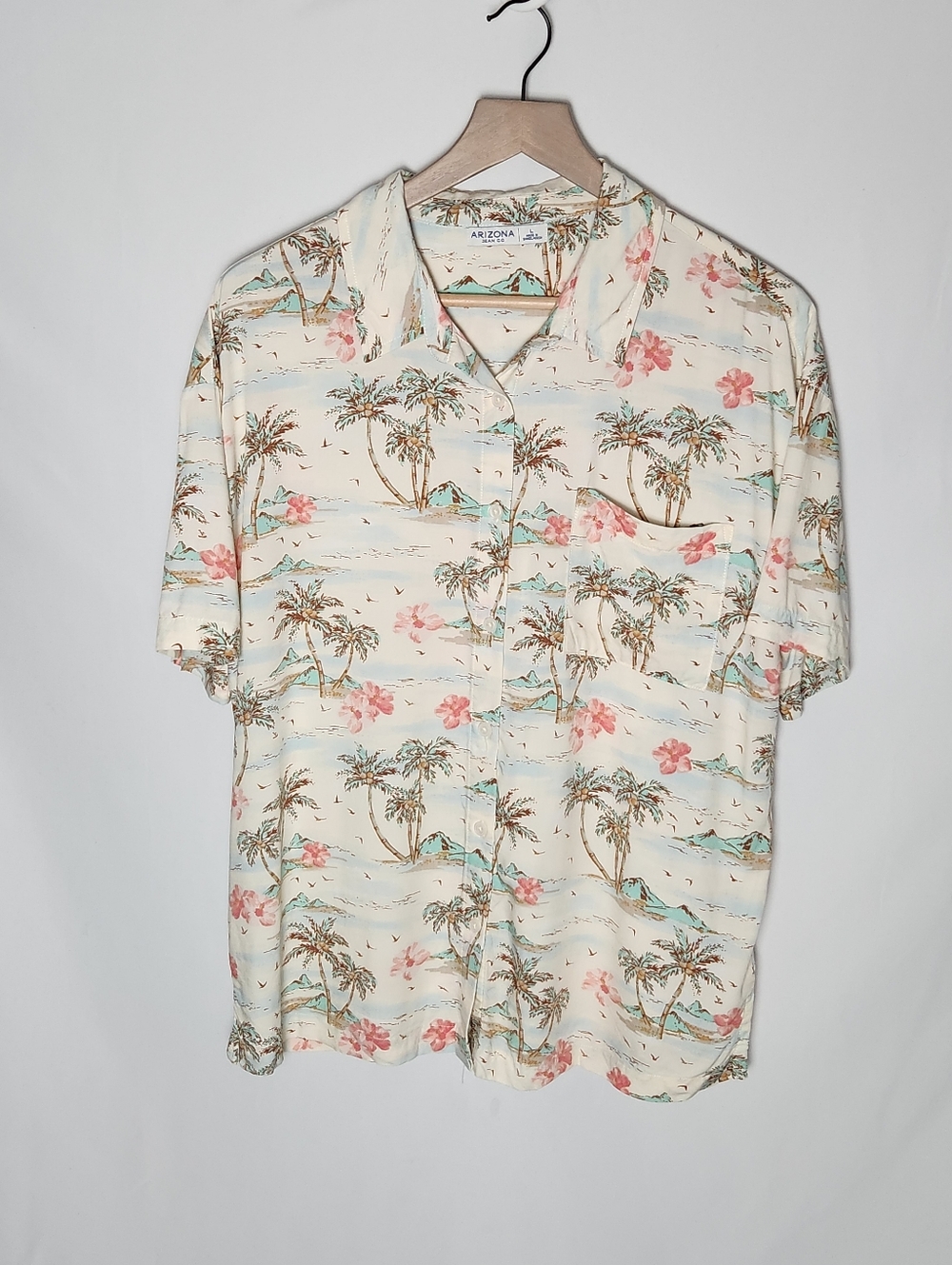 Arizona Jean Company Mens Cream Tropical Palm Print Short-Sleeve Shirt Large